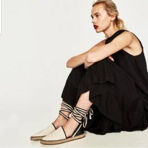 Zara Lace up Woven Espadrilles Flats Sandals